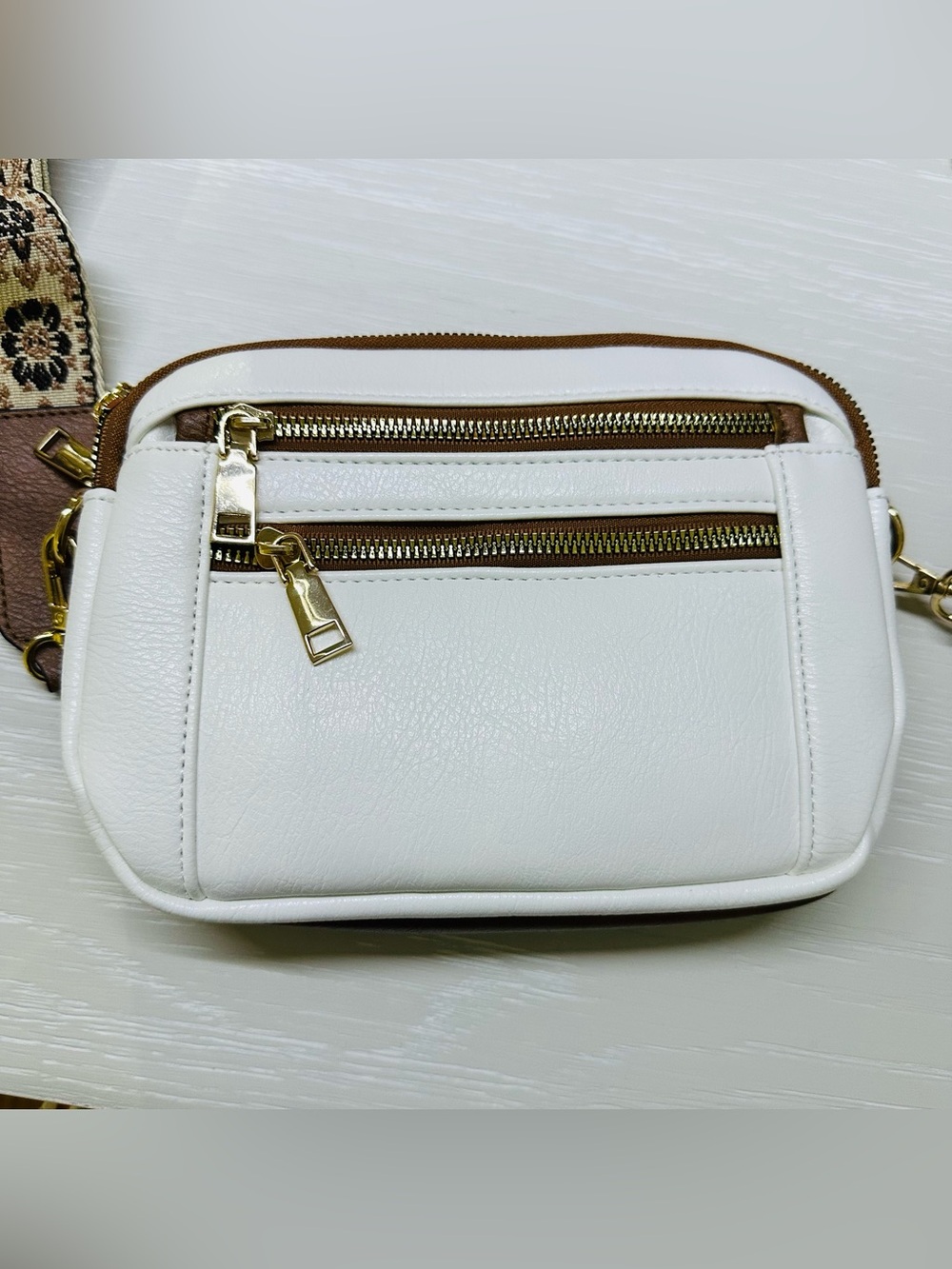 Women's White and Brown Crossbody Bag with Floral Jacquard Strap - Picture 2 of 10